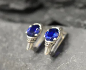 Blue Sapphire Earrings - Blue Stud Earrings - Tribal Sapphire Earrings