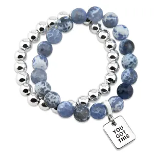 Bracelet Duo! 10mm Bright Blue Agata Tourmaline & 8mm Silver bead bracelet stacker set - YOU GOT THIS (12021)