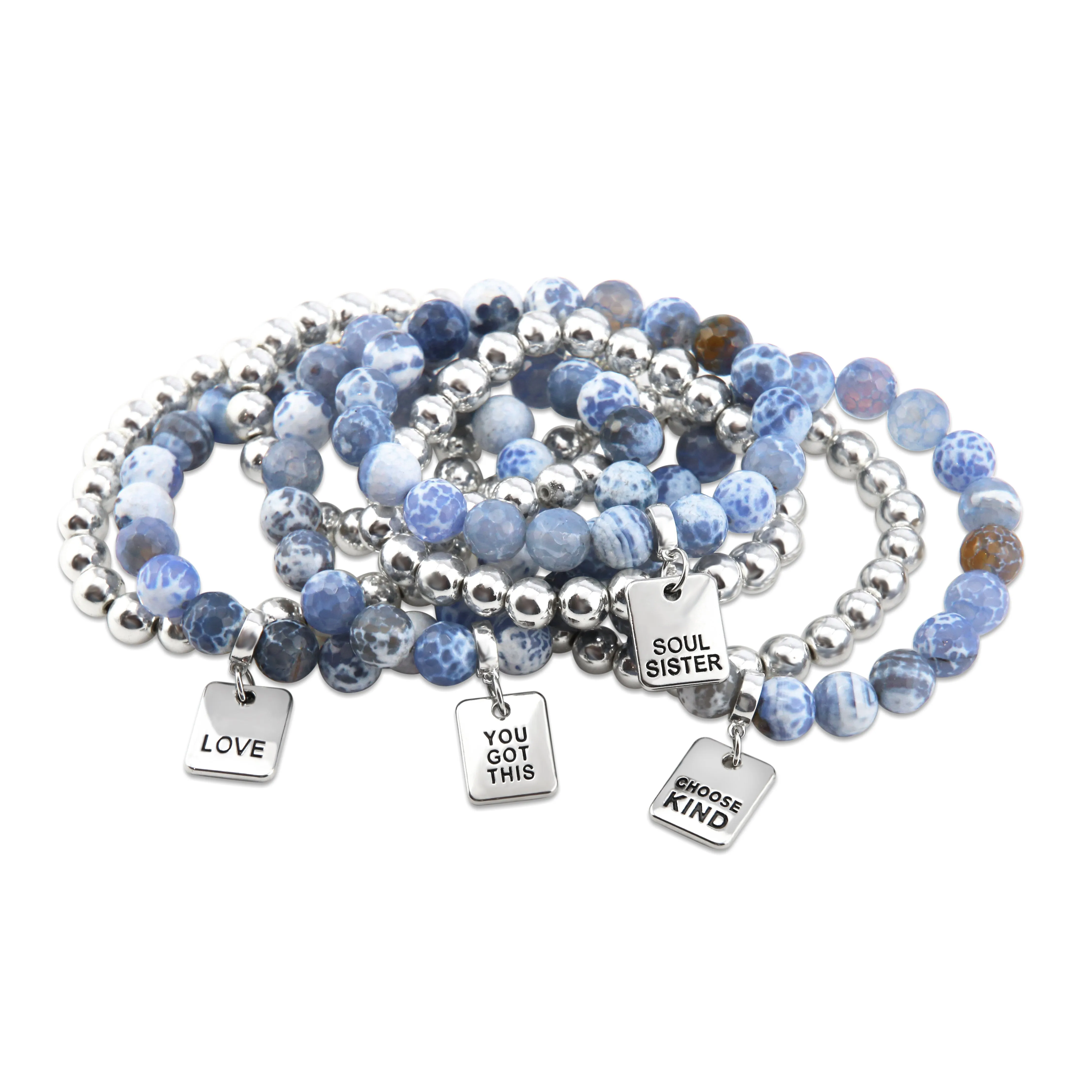 Bracelet Duo! 10mm Bright Blue Agata Tourmaline & 8mm Silver bead bracelet stacker set - YOU GOT THIS (12021)