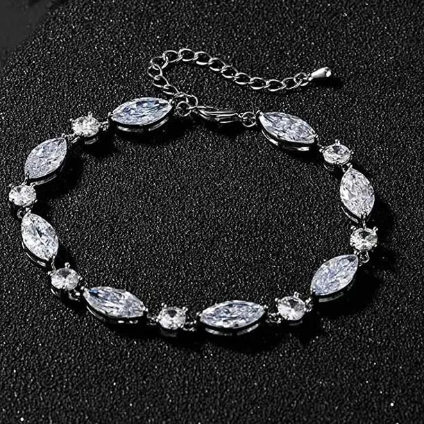 Bridal Bracelet with petite marquise cut and round, teardrop CZs mounted in silver