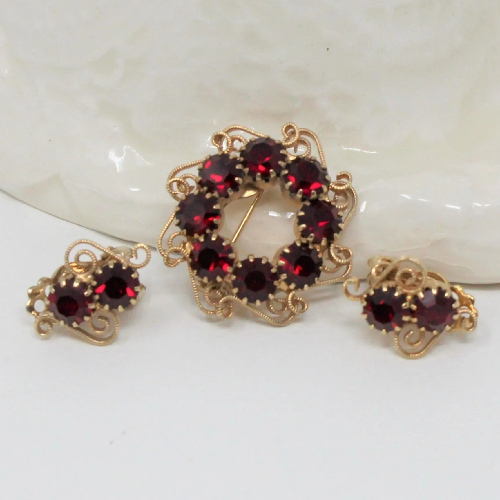 Brooch / Pin and Earrings Set, Red Rhinestones, Gold Filigree, Vintage