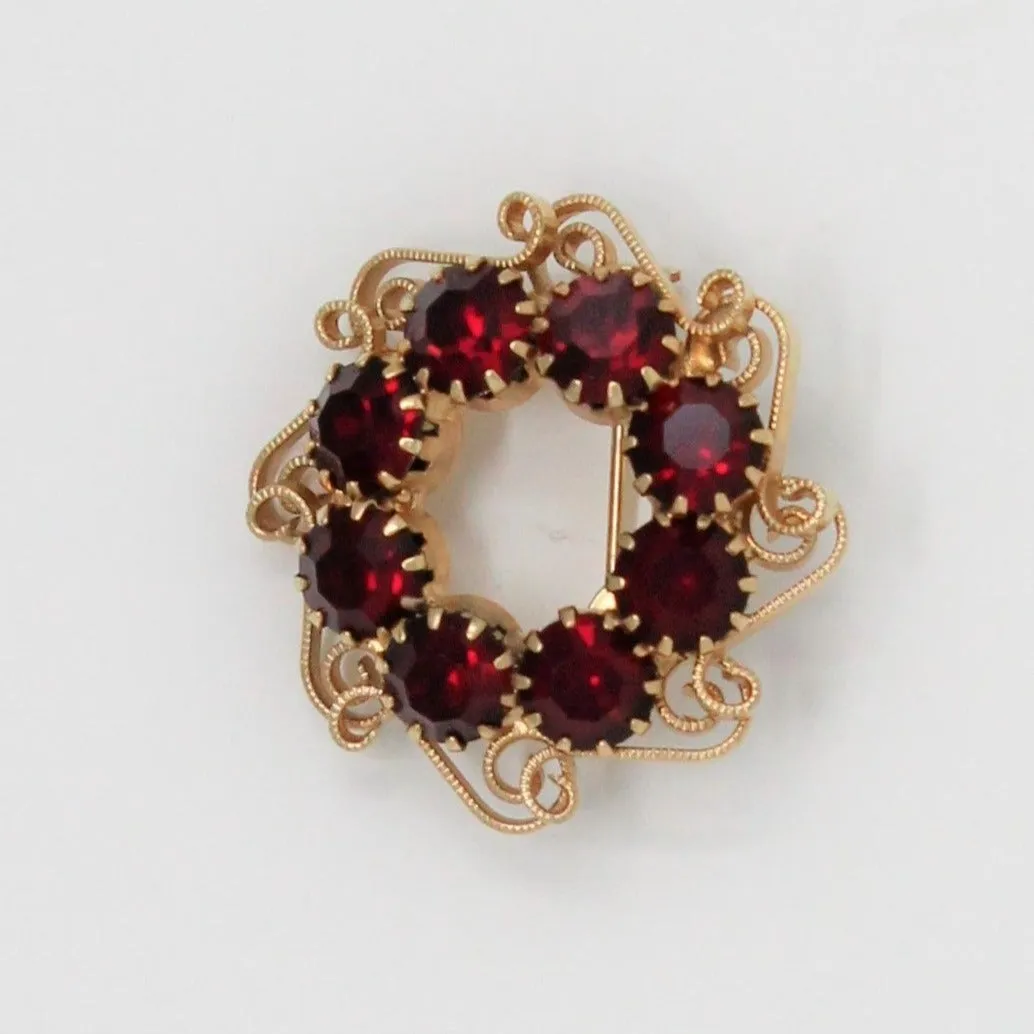 Brooch / Pin and Earrings Set, Red Rhinestones, Gold Filigree, Vintage