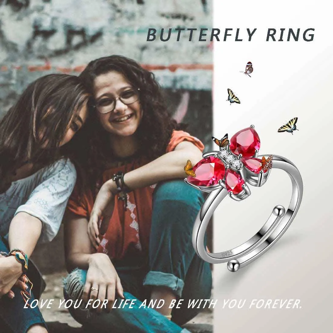 Butterfly Ring Band Birthstone July Ruby Women Girls Jewelry Birthday Gift