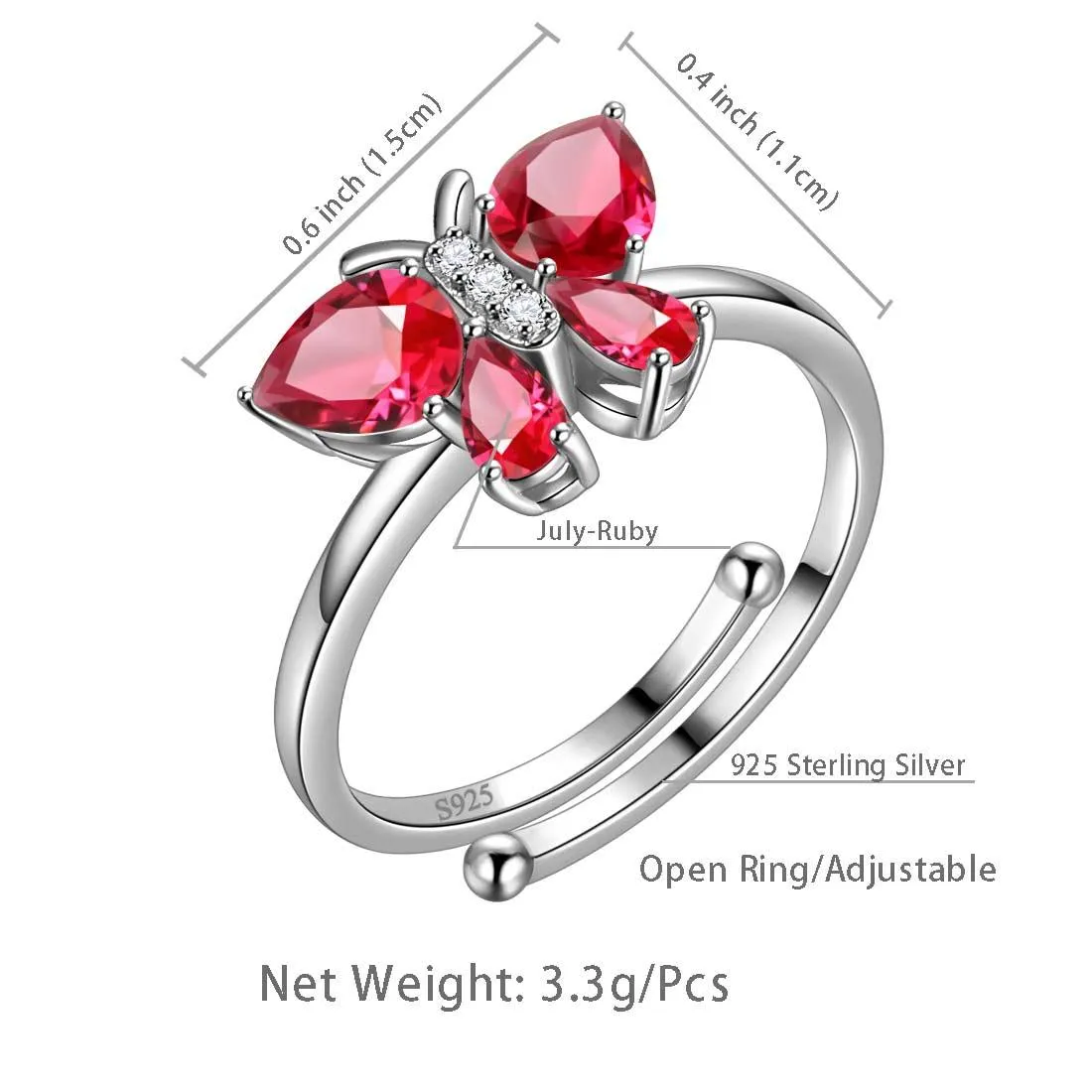 Butterfly Ring Band Birthstone July Ruby Women Girls Jewelry Birthday Gift