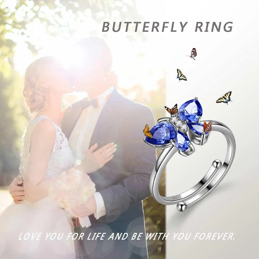 Butterfly Ring Band Birthstone September Sapphire Women Girls Jewelry Birthday Gift