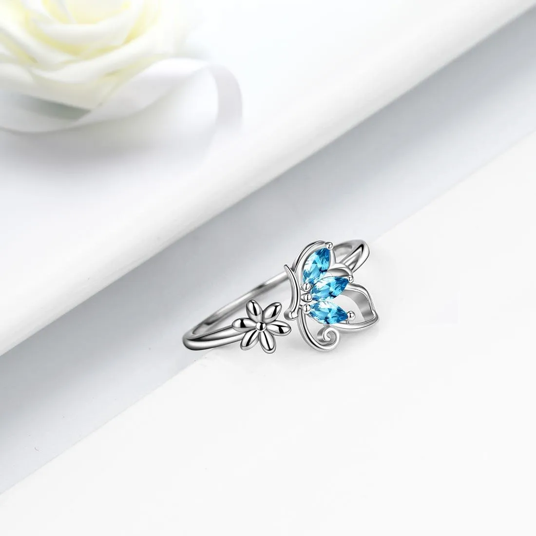 Butterfly Ring Open Birthstone March Aquamarine Women Girls Jewelry Birthday Gift