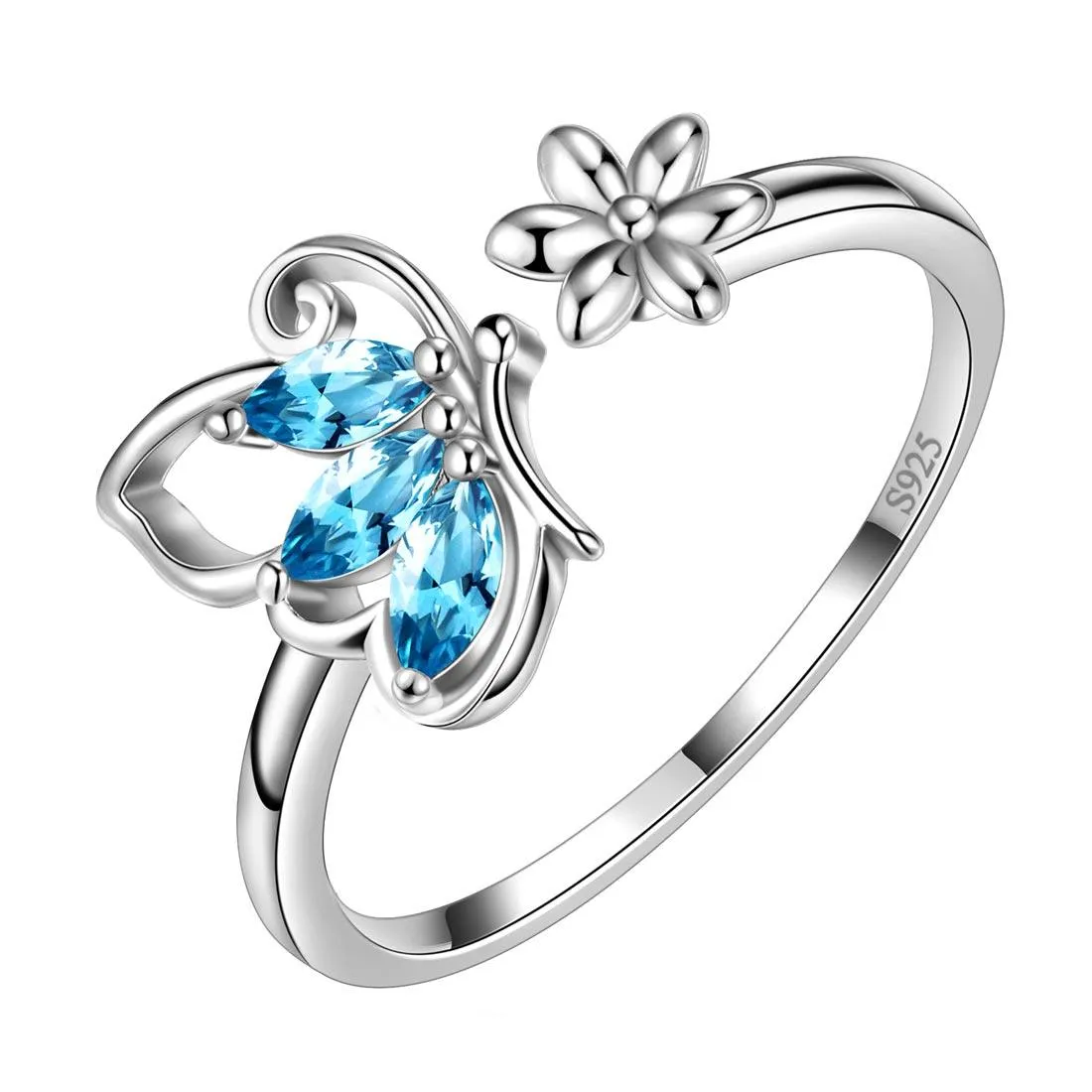 Butterfly Ring Open Birthstone March Aquamarine Women Girls Jewelry Birthday Gift