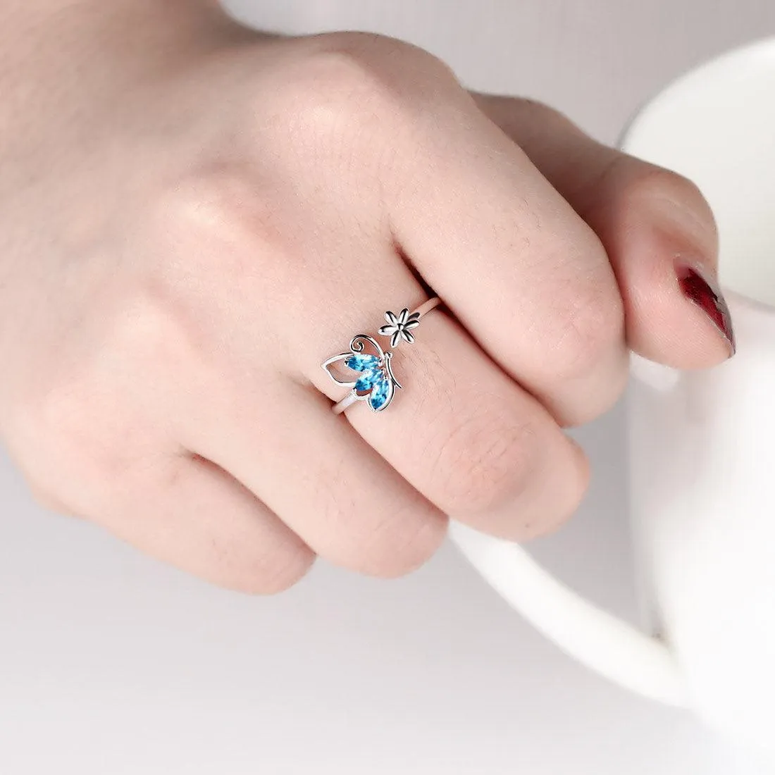 Butterfly Ring Open Birthstone March Aquamarine Women Girls Jewelry Birthday Gift