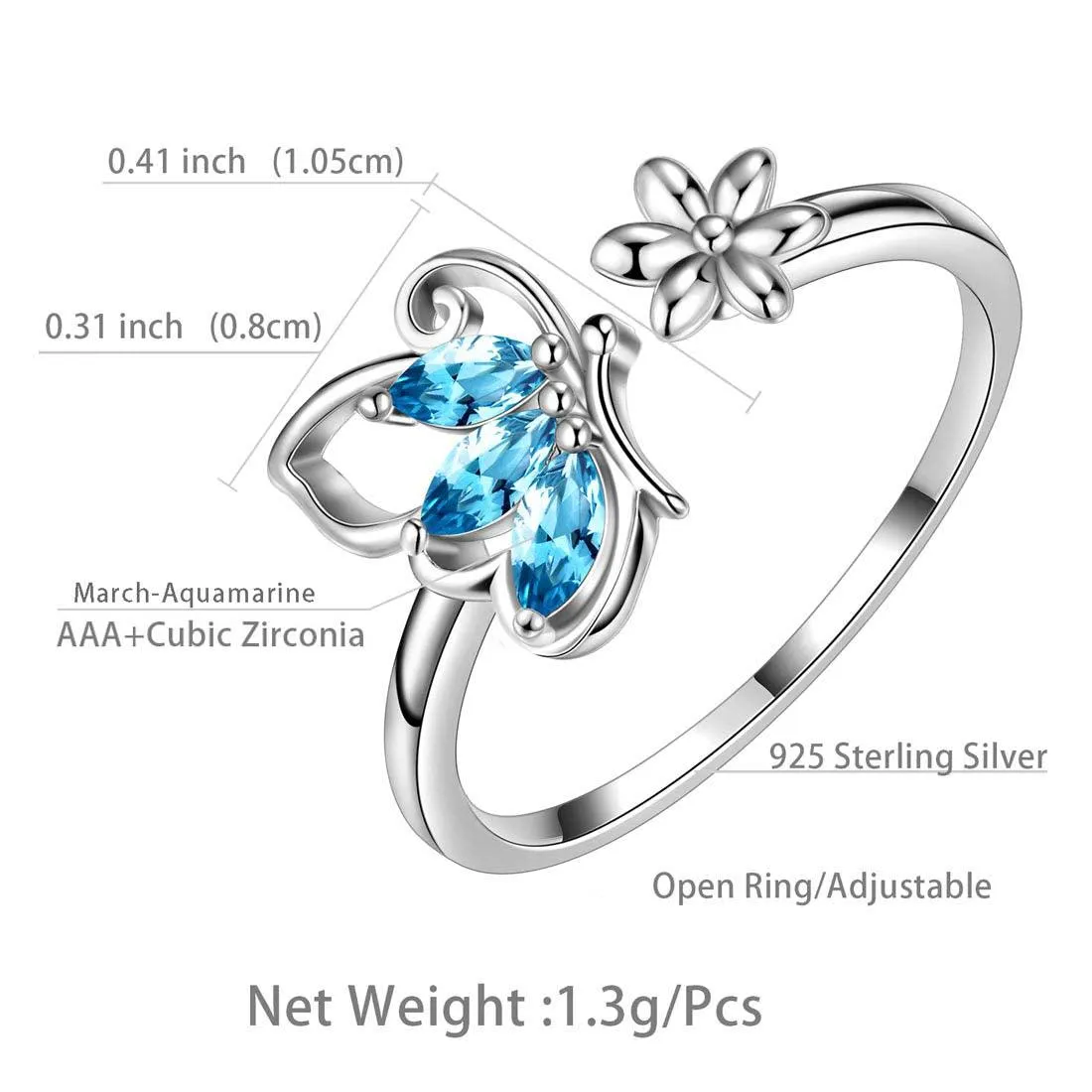 Butterfly Ring Open Birthstone March Aquamarine Women Girls Jewelry Birthday Gift