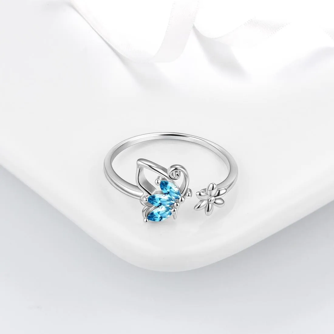 Butterfly Ring Open Birthstone March Aquamarine Women Girls Jewelry Birthday Gift