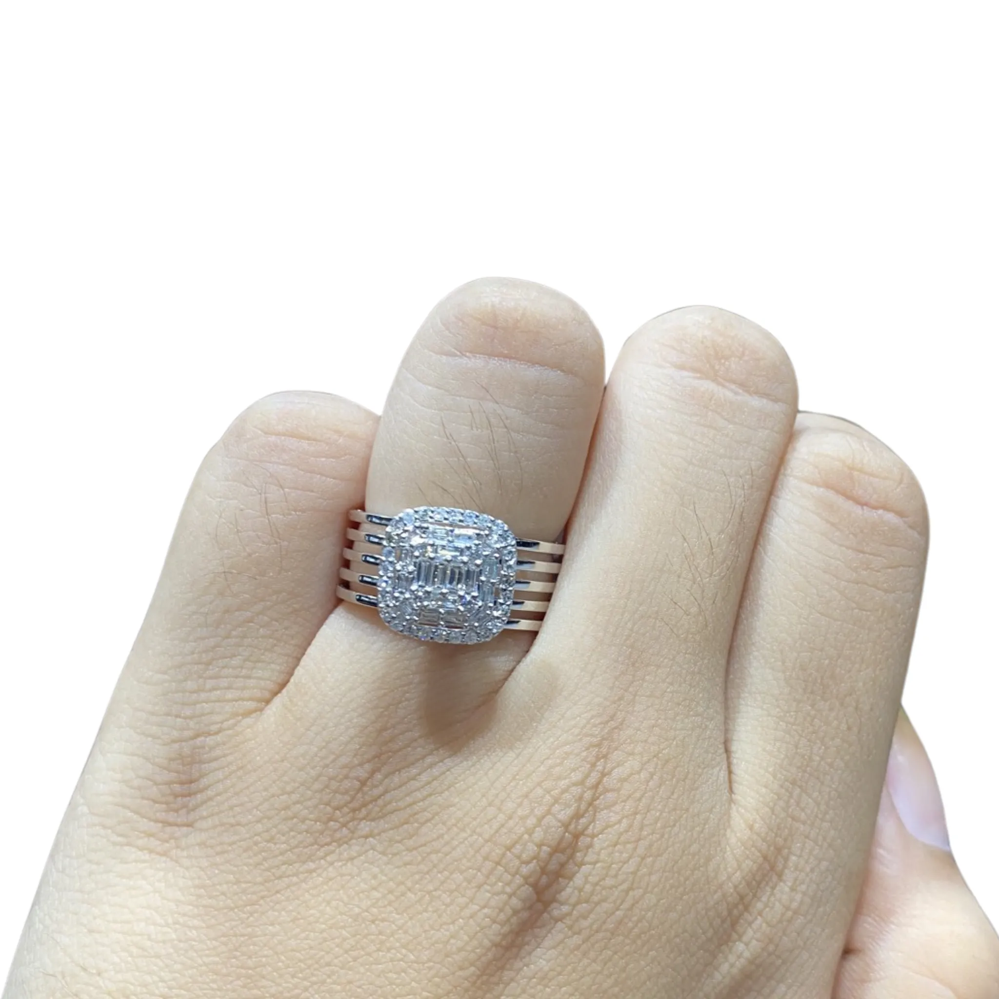 Classic Cushion Baguette Caged Statement Diamond Ring 14kt