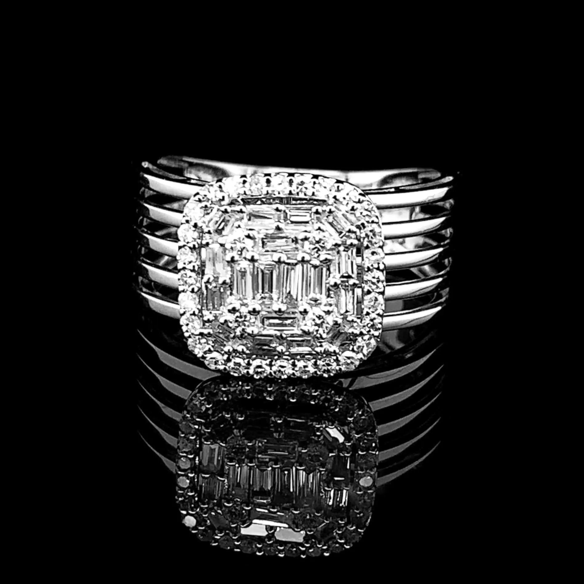 Classic Cushion Baguette Caged Statement Diamond Ring 14kt