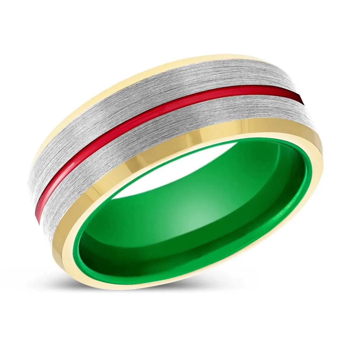 COBRA | Green Ring, Silver Tungsten Ring, Red Groove, Gold Beveled Edge