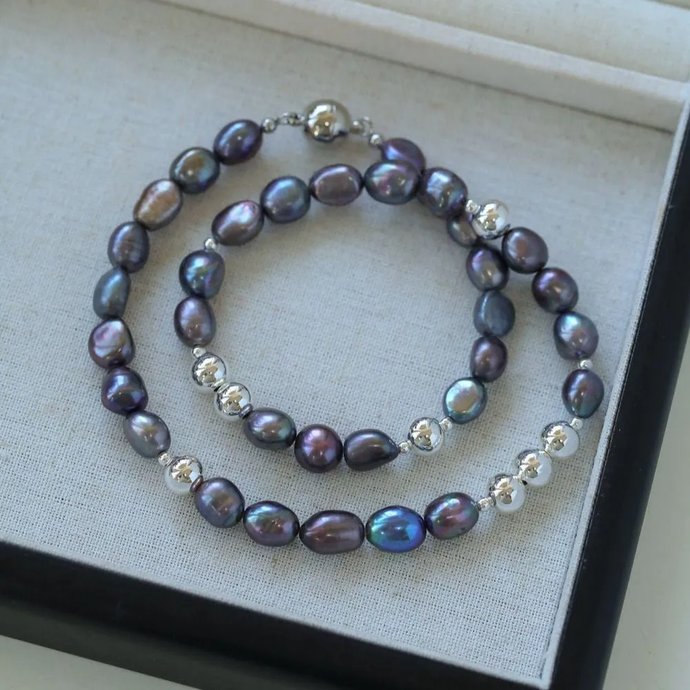 Colorful Freshwater Pearl and Silver Ball Beaded Necklace