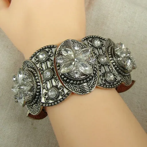 Crystal  & Silver Linked Cuff Bracelet