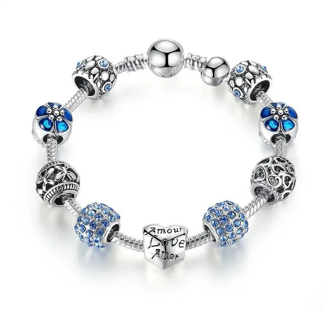 Crystal Ball Love &amp Flower Antique Silver Charm Bracelet