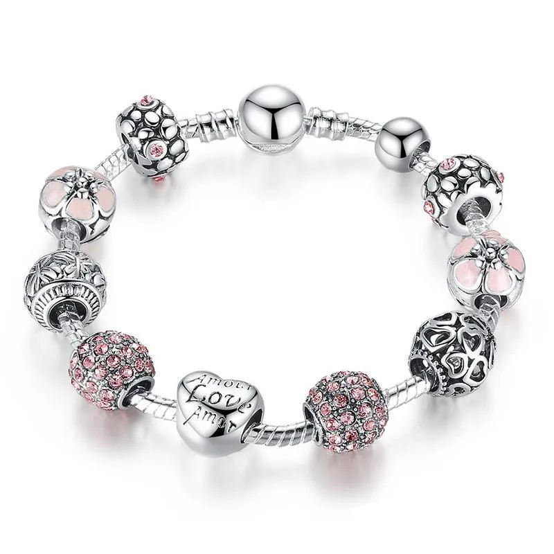 Crystal Ball Love &amp Flower Antique Silver Charm Bracelet