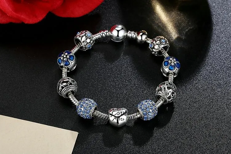 Crystal Ball Love &amp Flower Antique Silver Charm Bracelet