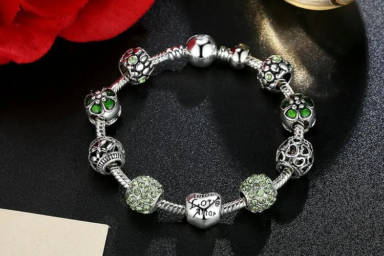 Crystal Ball Love &amp Flower Antique Silver Charm Bracelet