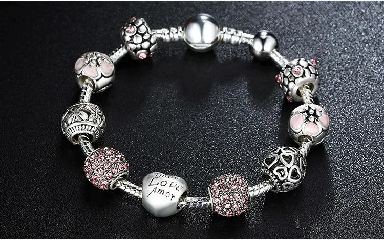 Crystal Ball Love &amp Flower Antique Silver Charm Bracelet