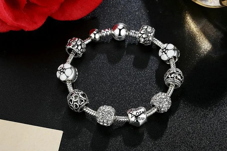 Crystal Ball Love &amp Flower Antique Silver Charm Bracelet