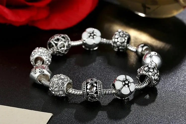 Crystal Ball Love &amp Flower Antique Silver Charm Bracelet