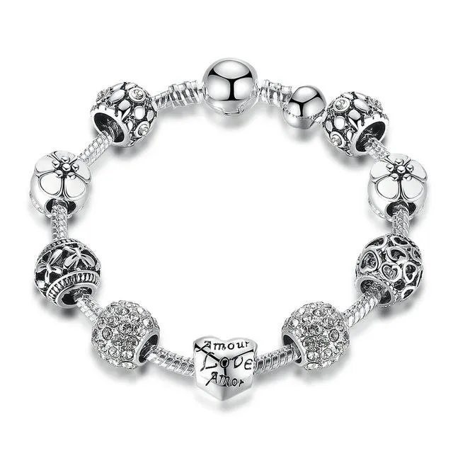 Crystal Ball Love &amp Flower Antique Silver Charm Bracelet