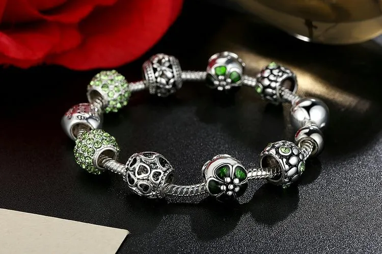 Crystal Ball Love &amp Flower Antique Silver Charm Bracelet