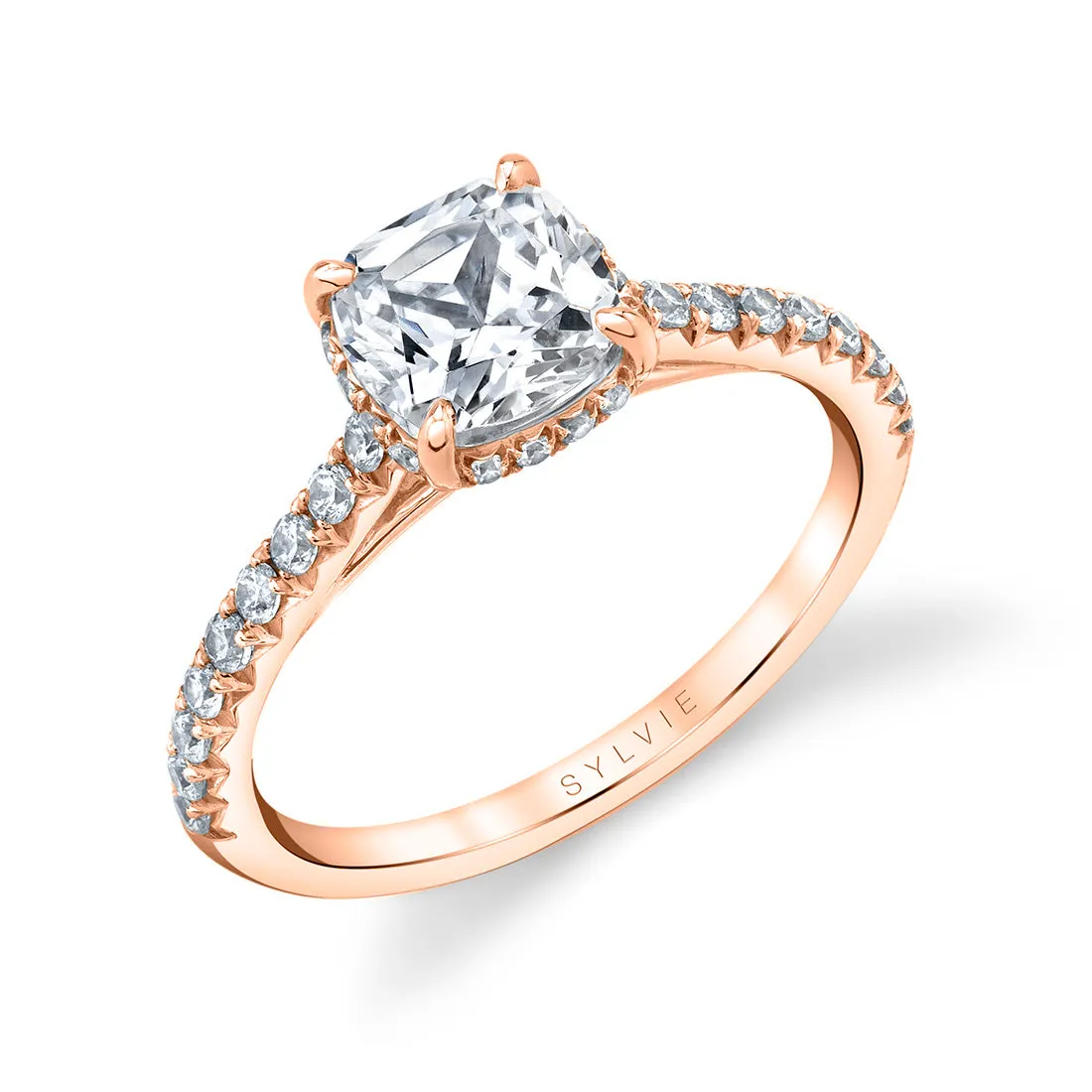 Cushion Cut Classic Hidden Halo Engagement Ring - Harmonie 14k Gold Rose