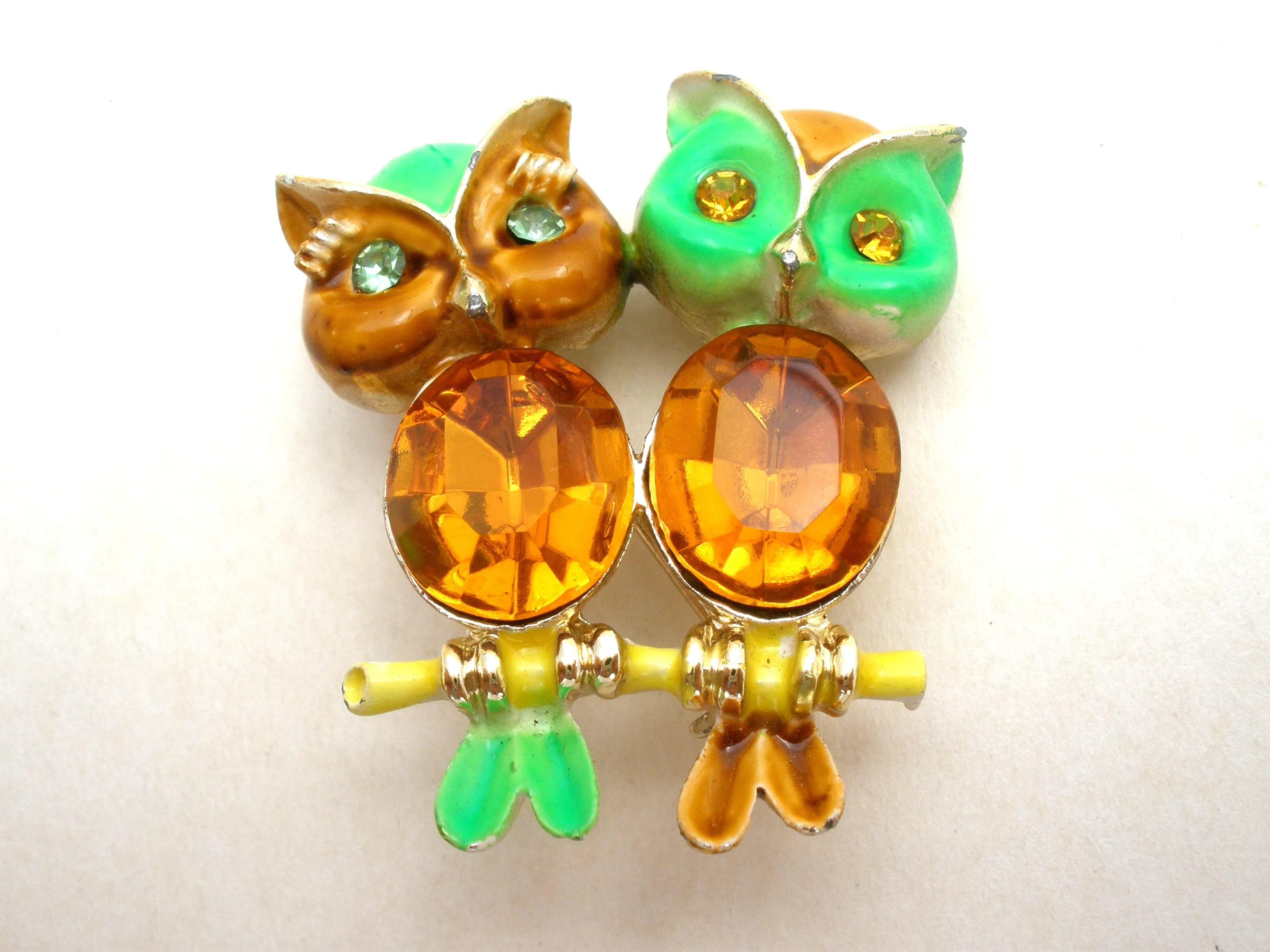 Double Jelly Belly Owl Brooch Enamel Vintage Pin