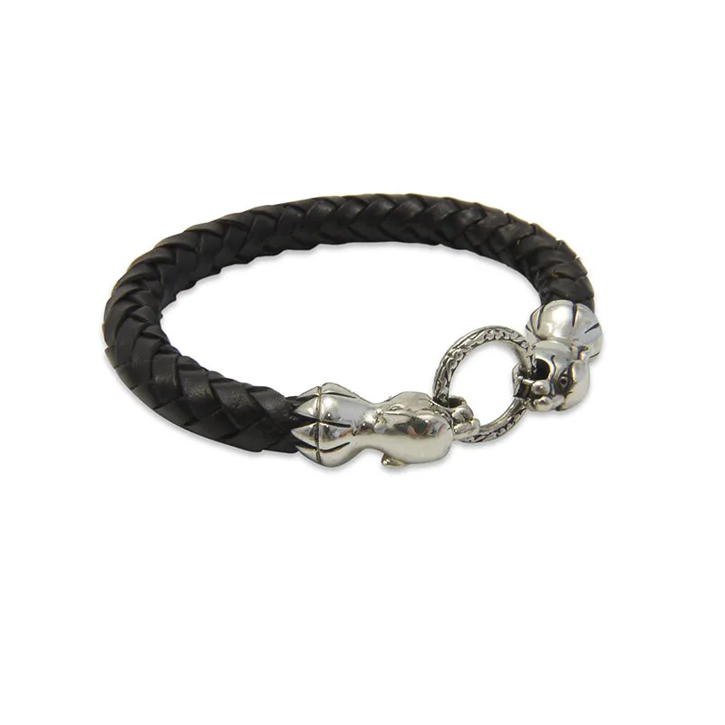 Duo Tiger Heads Sterling Silver & Black Leather Bracelet