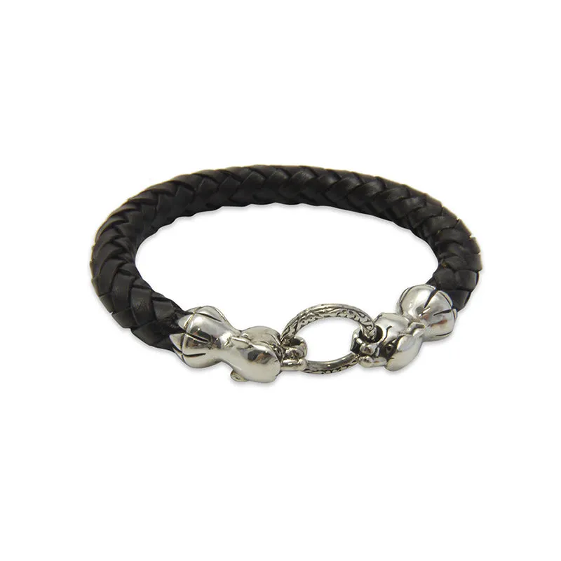 Duo Tiger Heads Sterling Silver & Black Leather Bracelet