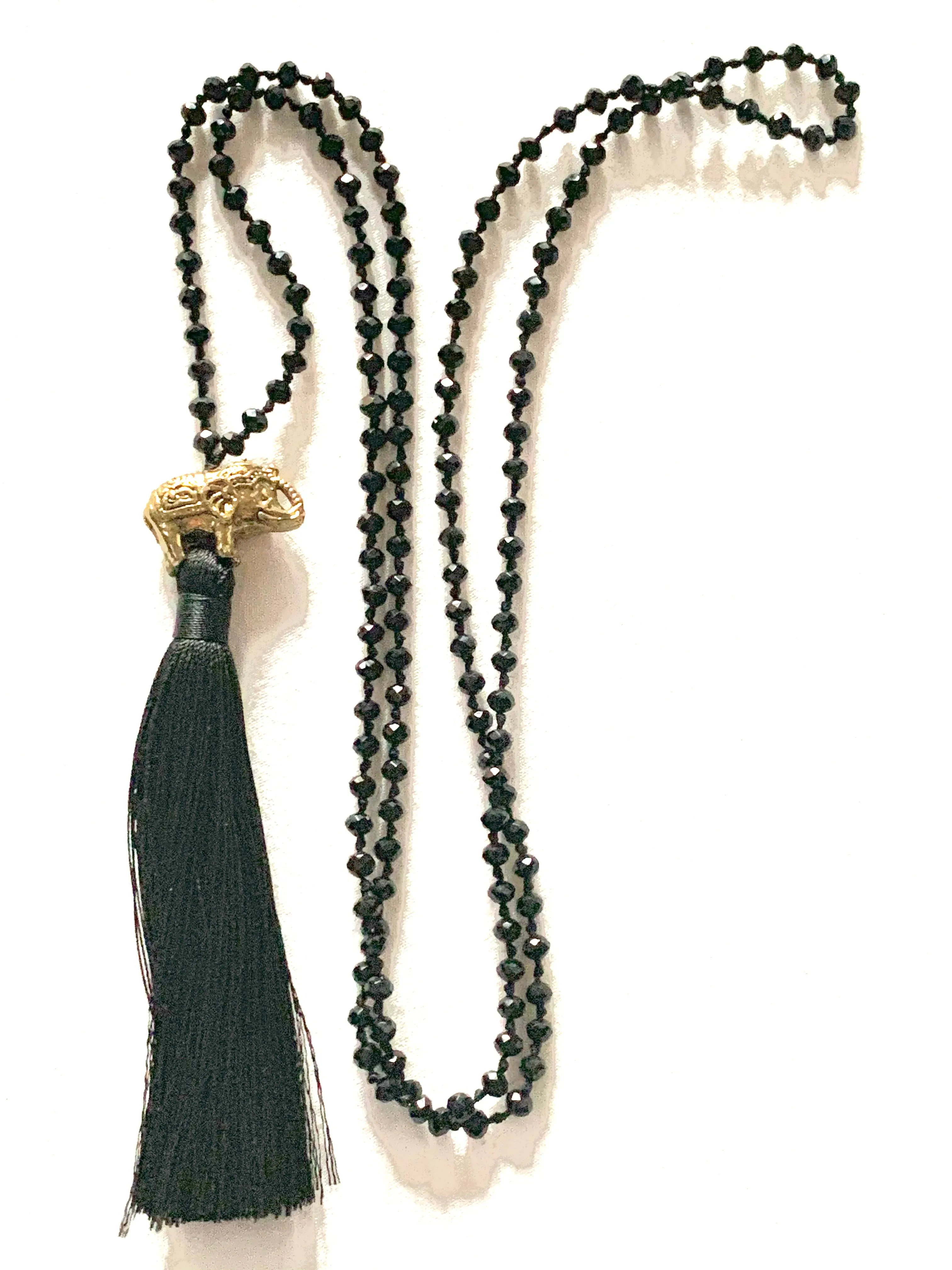 Elephant black beaded necklace with tassel