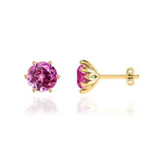 ELOISE - Round Pink Sapphire 18k Yellow Gold Lotus Leaf Stud Earrings