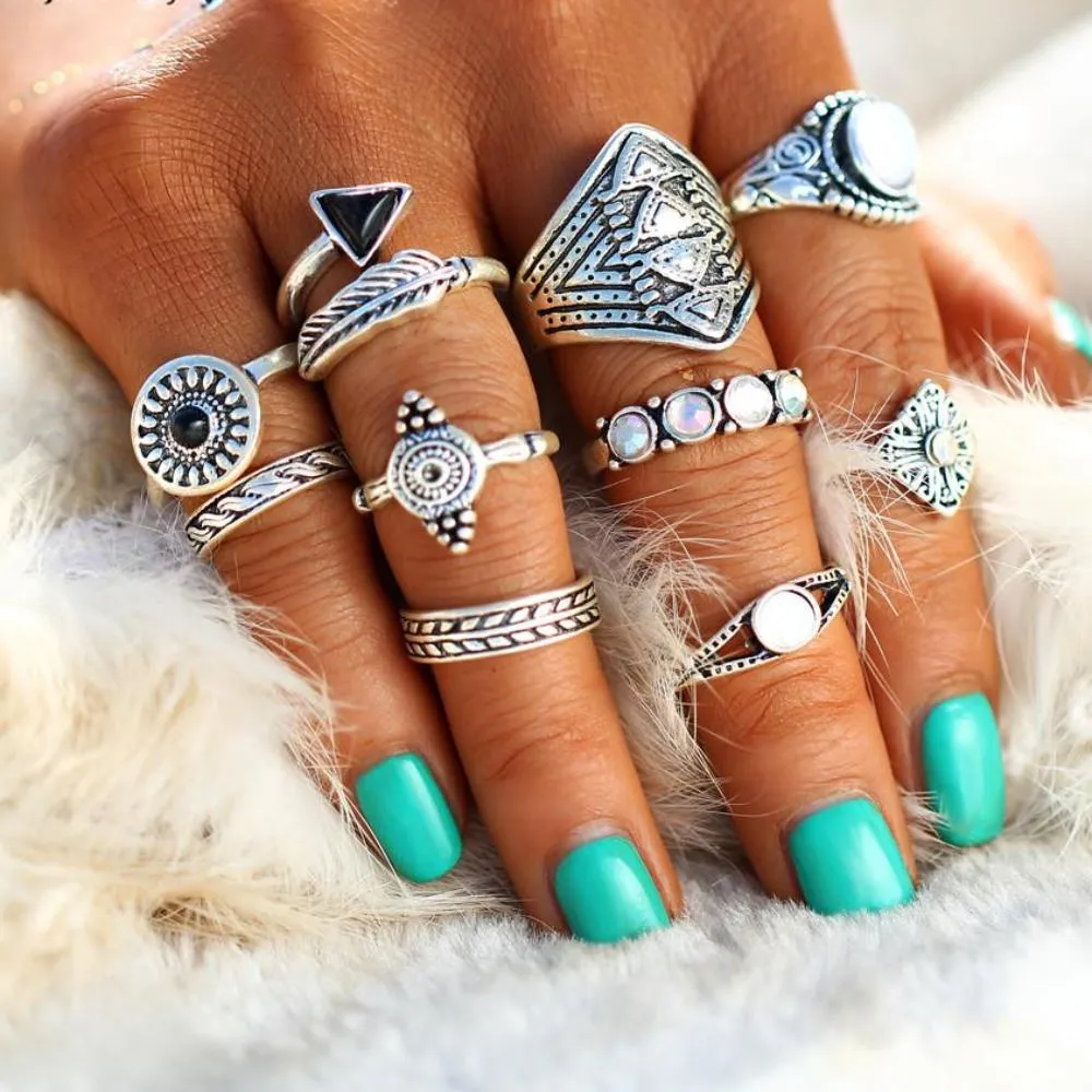 Fashion Vintage Leaf Stone Midi Ring Set