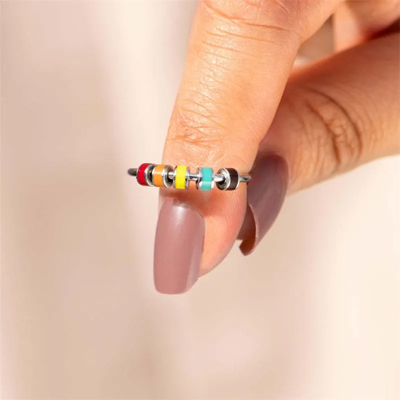 Fine Enamel Bead Anxiety Fidget Rings For Women Girls Anti Stress Release Fun Toys Ring Jewelry About Daughter Fidget Ring Gift