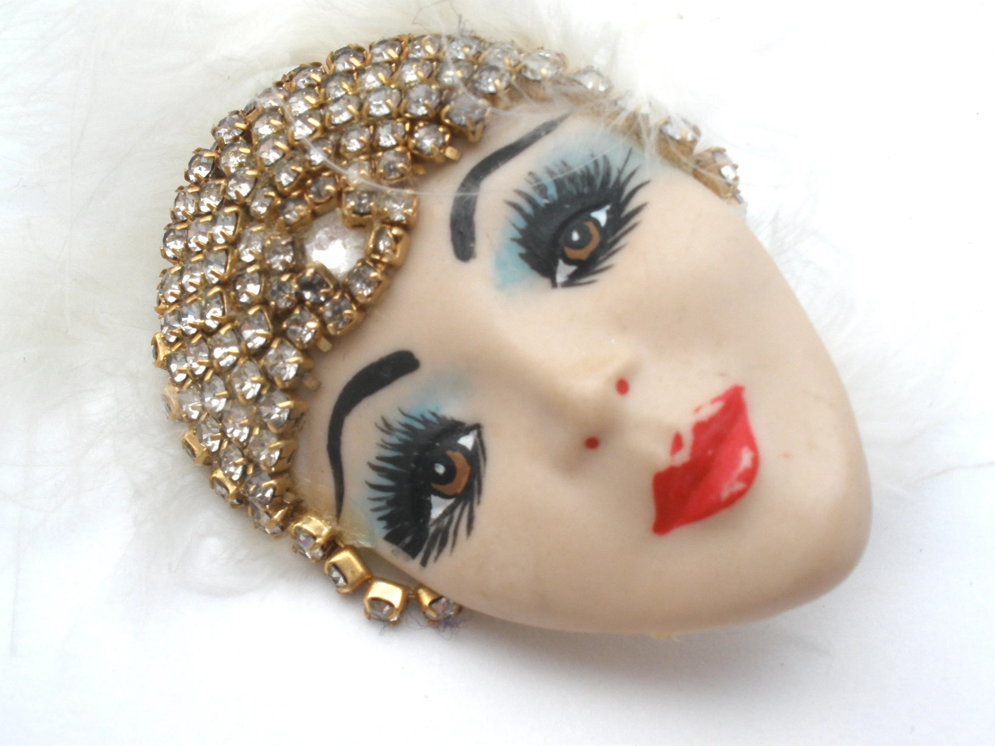 Flapper Porcelain Rhinestone Brooch Pin Vintage