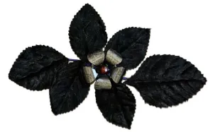 Flower Brooch - Metal Flower Button with Black Velvet Leaves