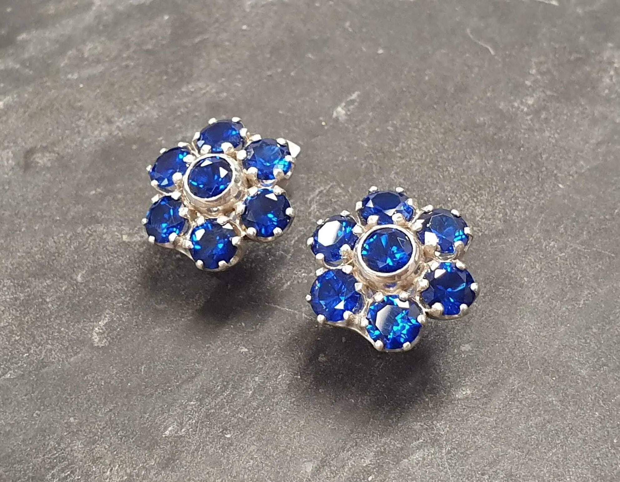 Flower Sapphire Earrings - Large Blue Earrings - Vintage Flower Earrings