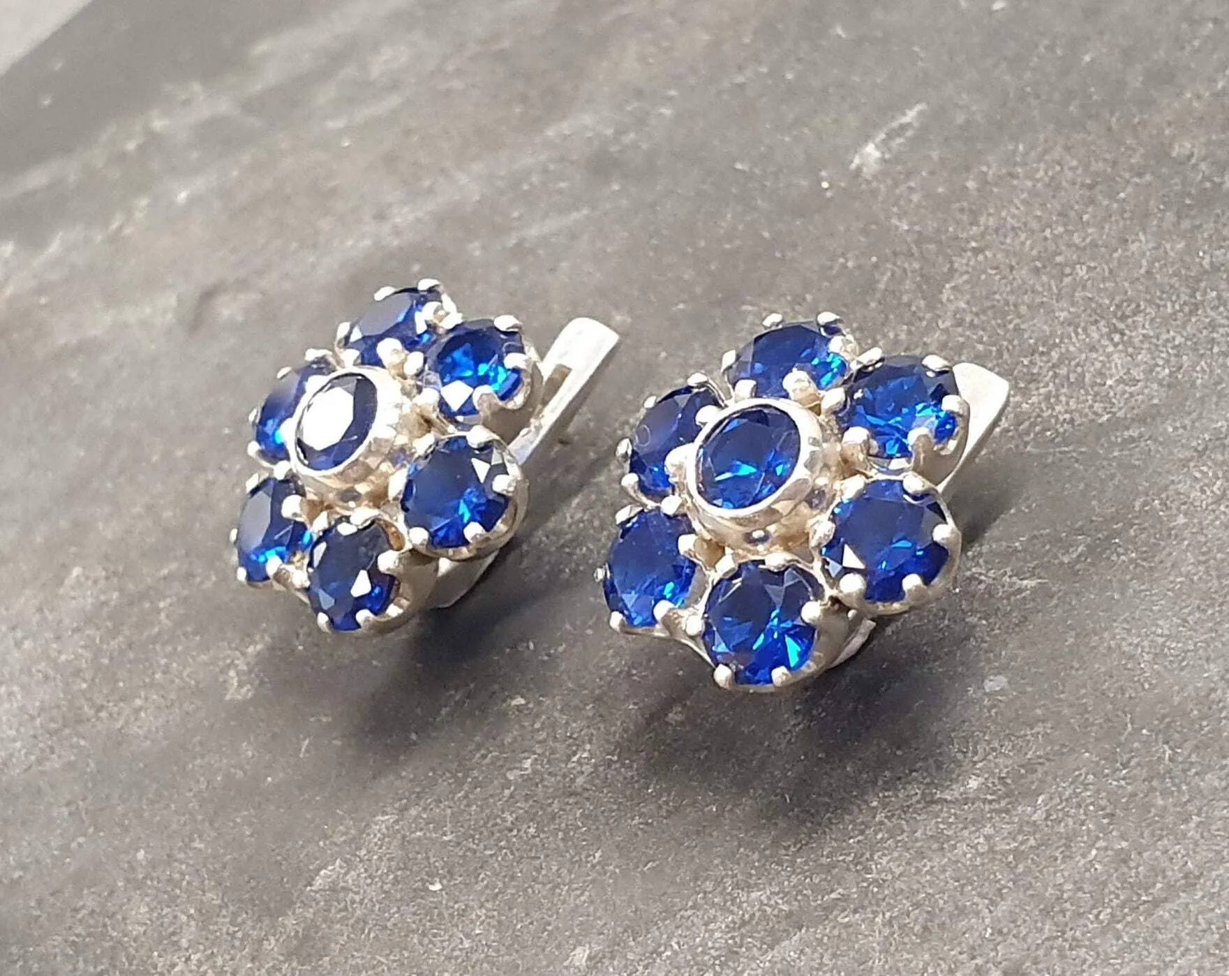 Flower Sapphire Earrings - Large Blue Earrings - Vintage Flower Earrings