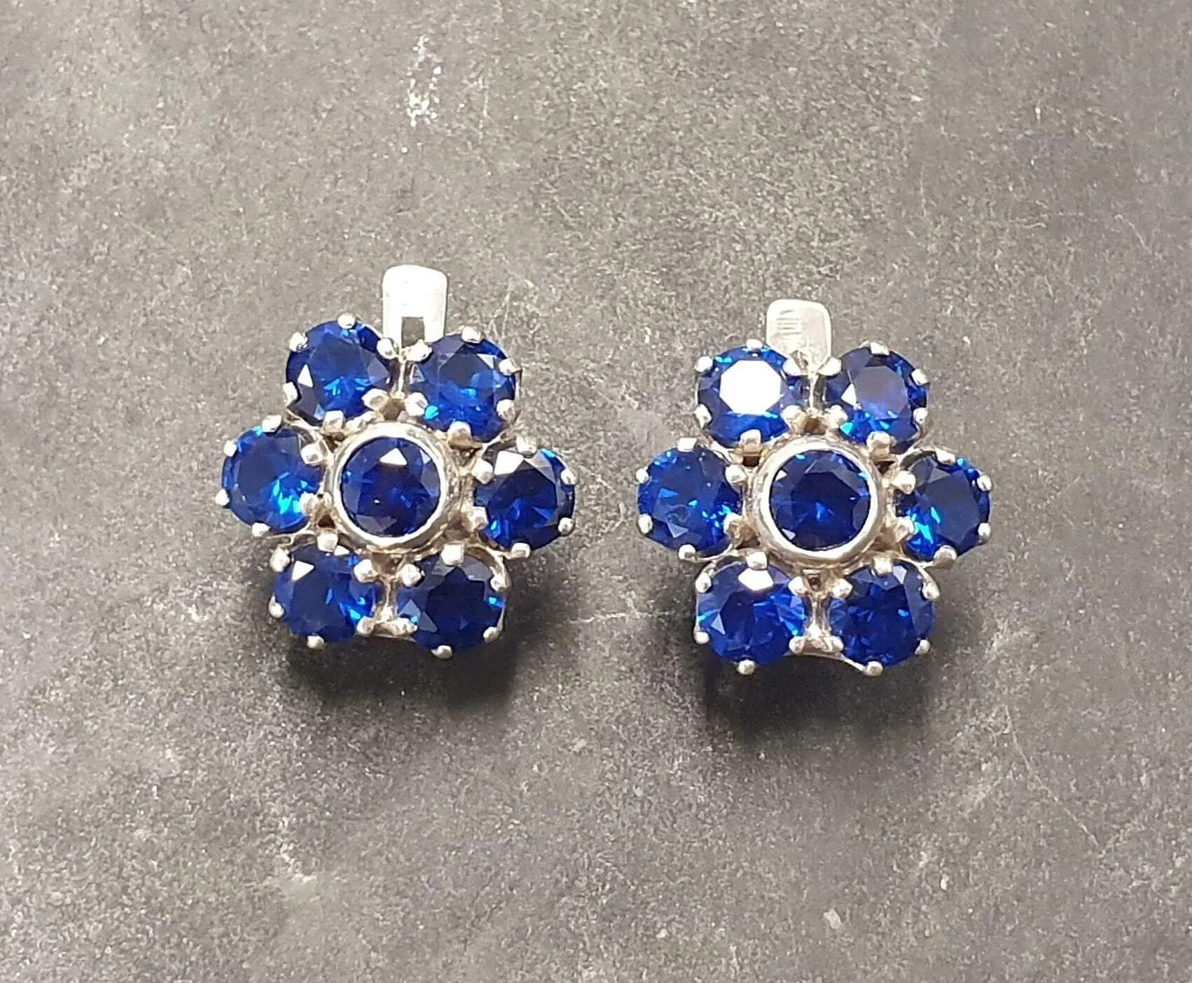 Flower Sapphire Earrings - Large Blue Earrings - Vintage Flower Earrings