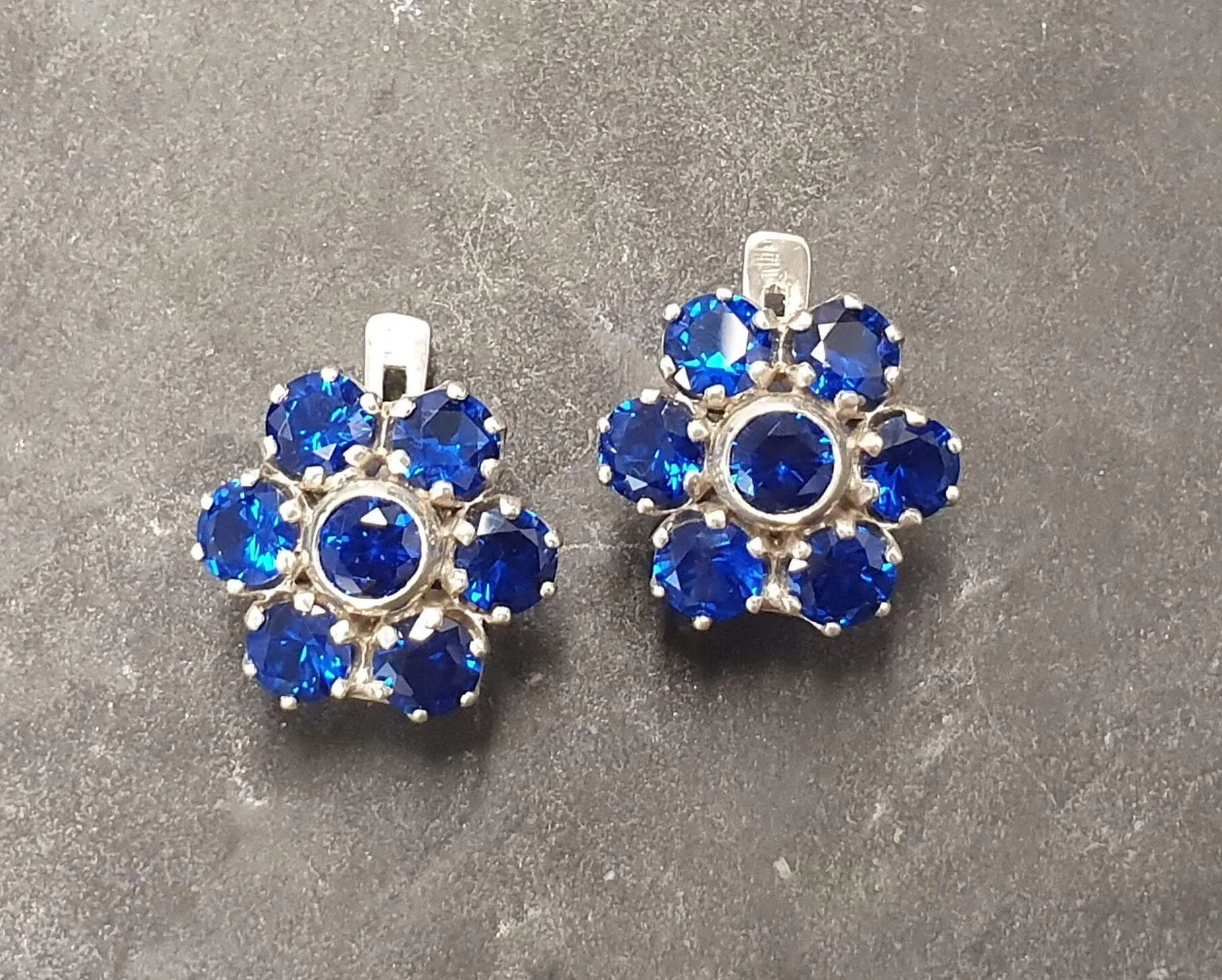 Flower Sapphire Earrings - Large Blue Earrings - Vintage Flower Earrings