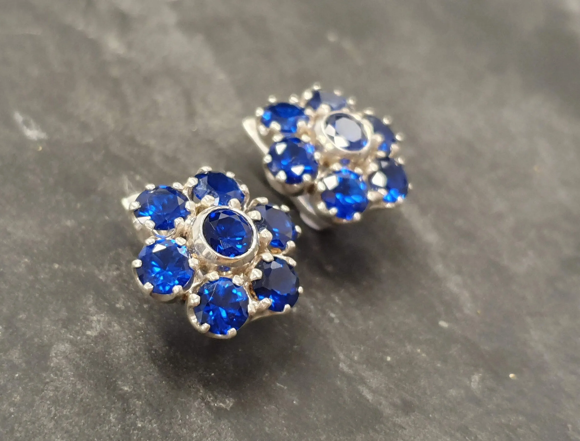 Flower Sapphire Earrings - Large Blue Earrings - Vintage Flower Earrings