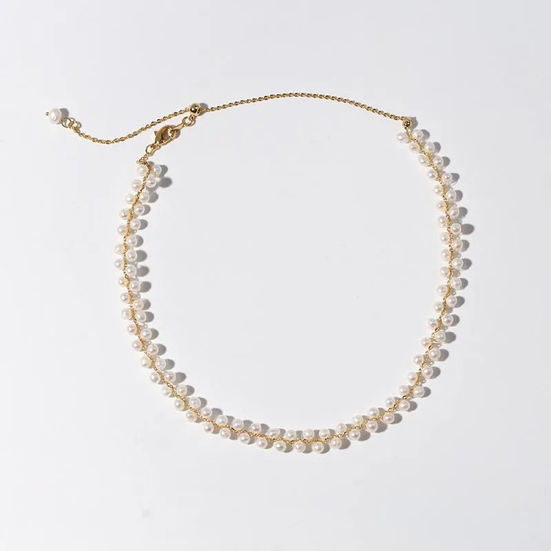 Freshwater Pearl Woven  Choker Necklace Chain Pull-out Adjustable