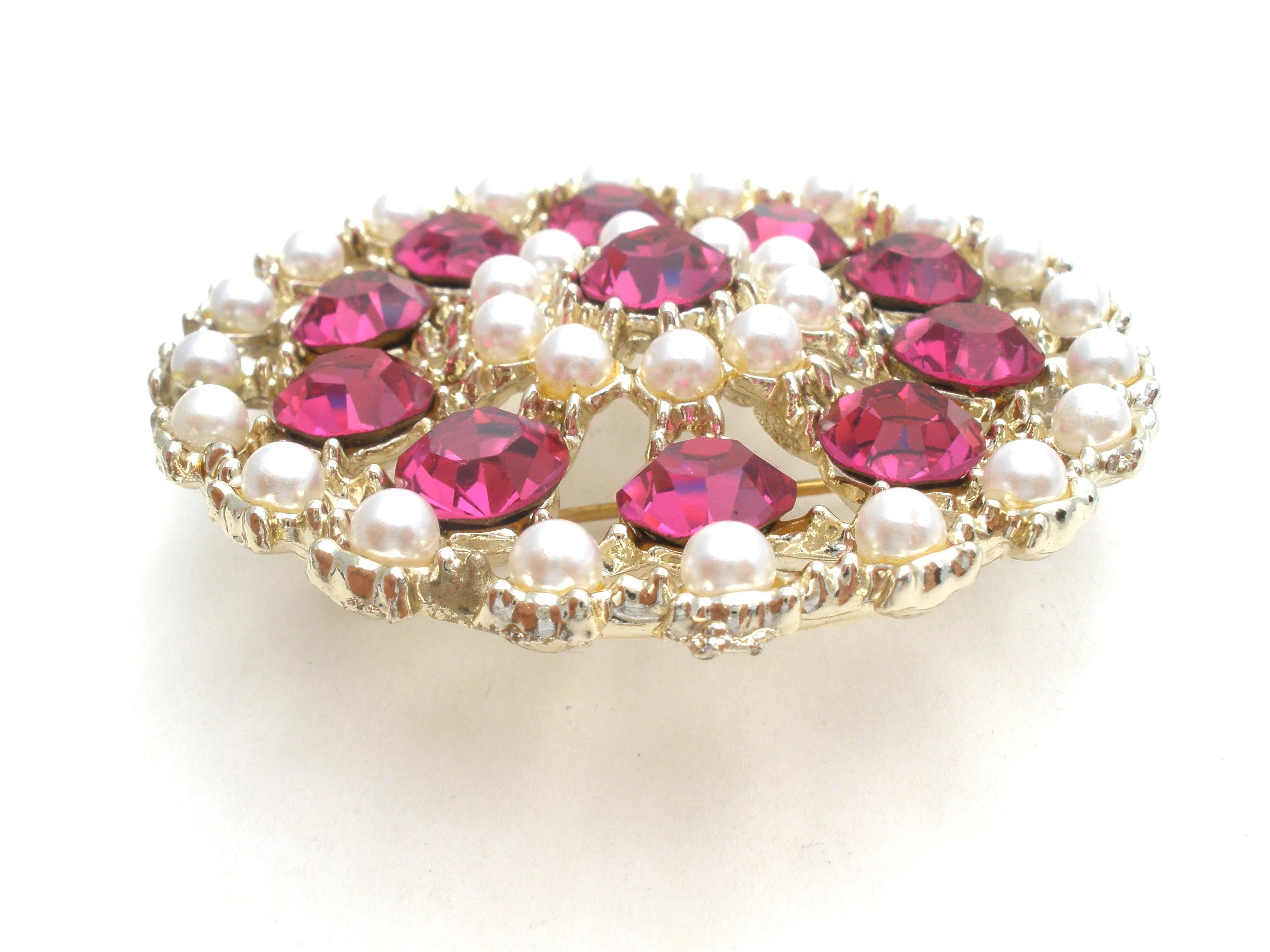 Fuchsia Pink & Pearl Brooch Pin Vintage