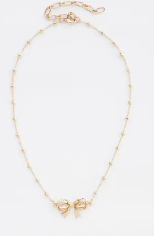 Gold Beaded Chain with Gold Bow Necklace