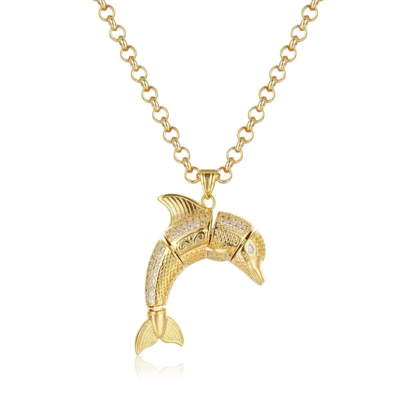 Gold Filled Bonded Dolphin Pendant with Stones 22 Inch 5mm Belcher Chain