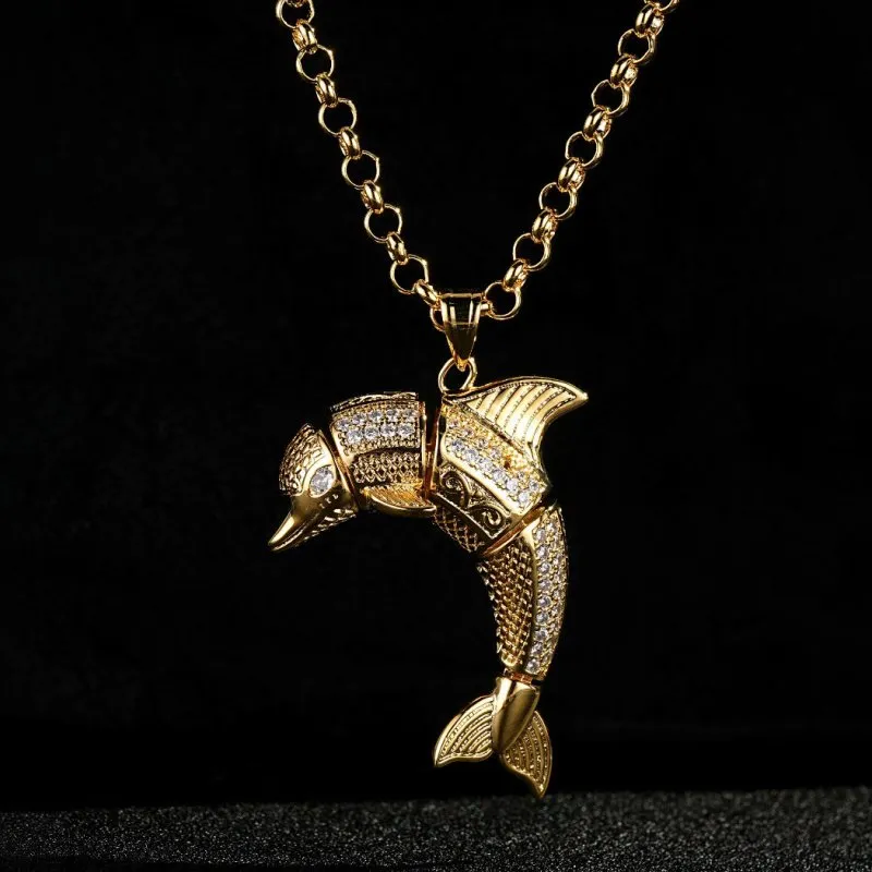 Gold Filled Bonded Dolphin Pendant with Stones 22 Inch 5mm Belcher Chain