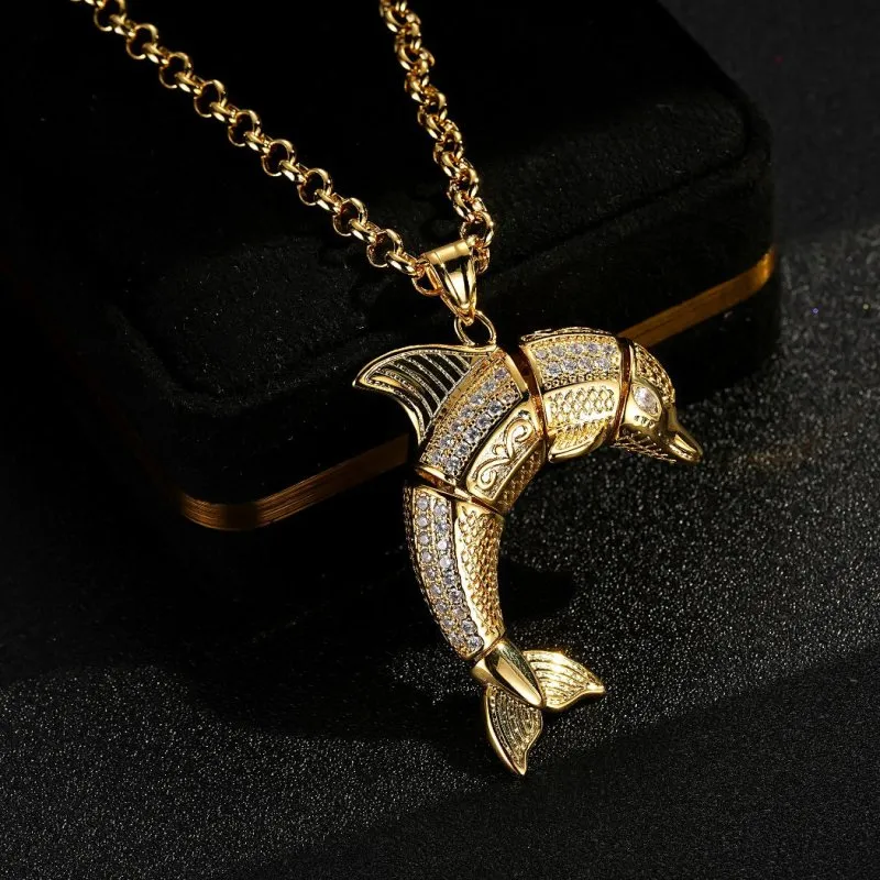 Gold Filled Bonded Dolphin Pendant with Stones 22 Inch 5mm Belcher Chain