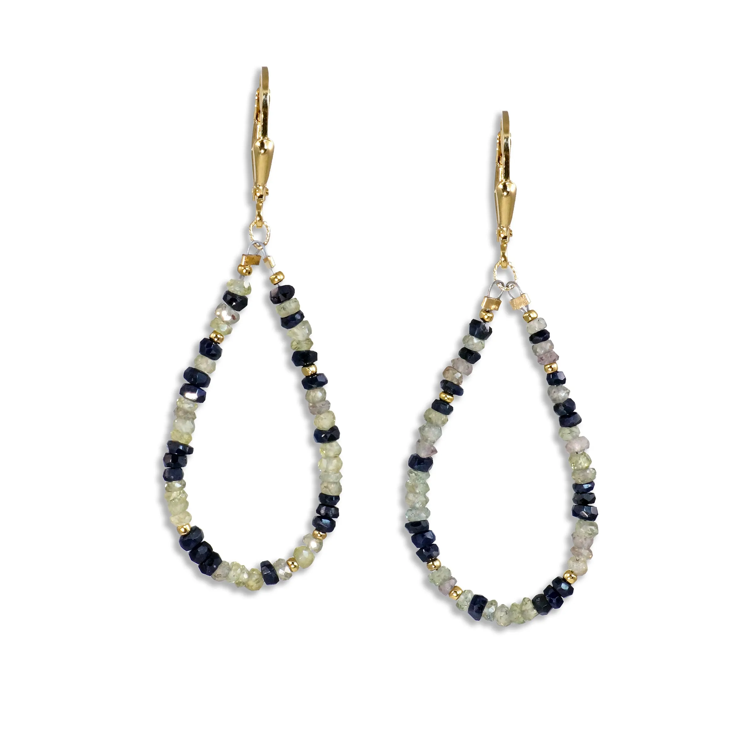 Gold Leverback Earrings with Green & Sapphire Black Sapphire